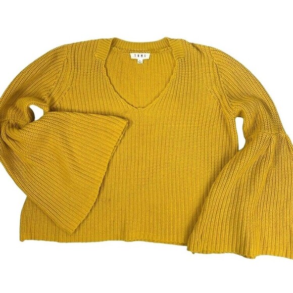 THML Anthropologie Chunky Trumpet Sleeve Boho Fisherman Cozy Cotton Sweater L - Picture 1 of 10